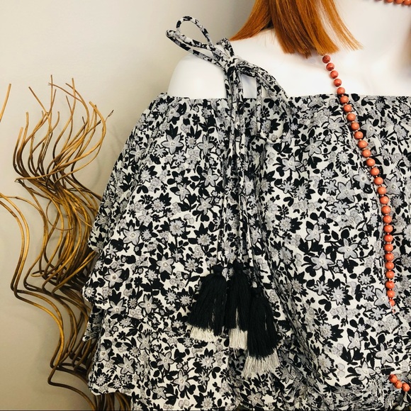 BOHEMIAN TRADERS Black & White Off Shoulder Top Tassel Ties & Ruffles - Picture 6 of 7